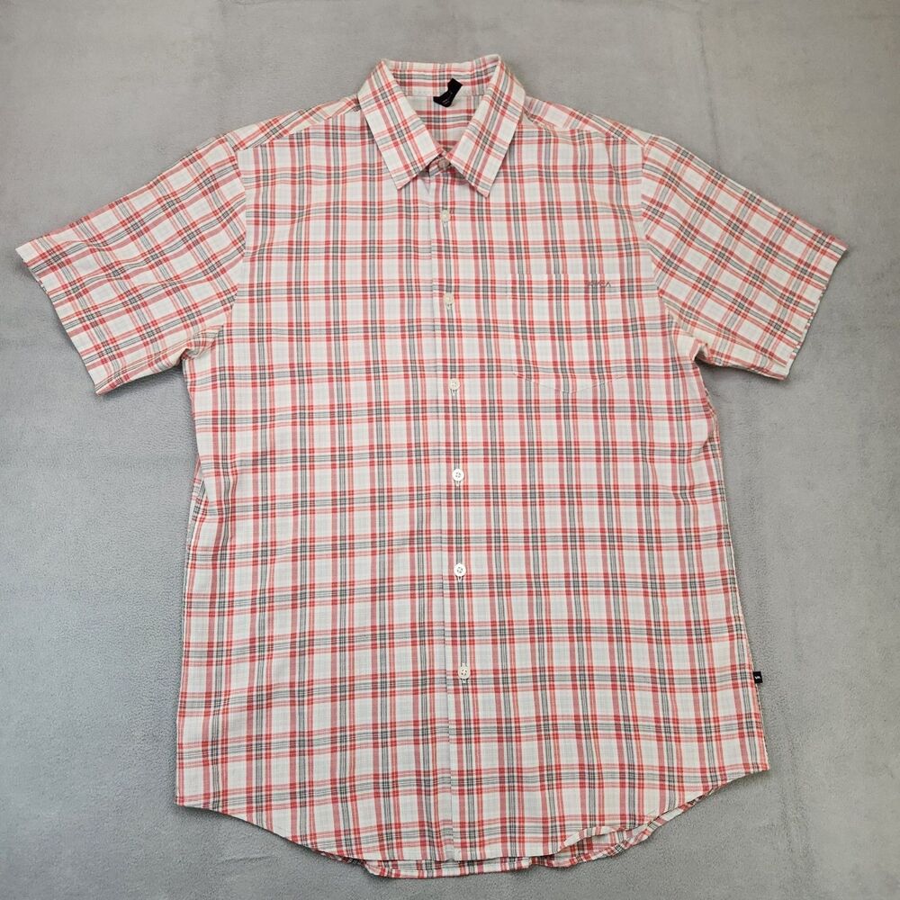 RVCA Button Up Shirt Men's L White Red Plaid‎ Short Sleeve Casual Lightweight